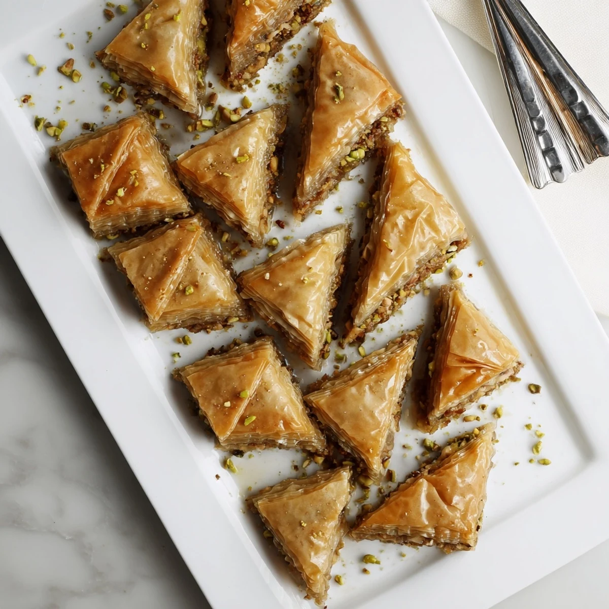 Freshly baked Greek Baklava stacked on a plate, ready to serve with mint tea.