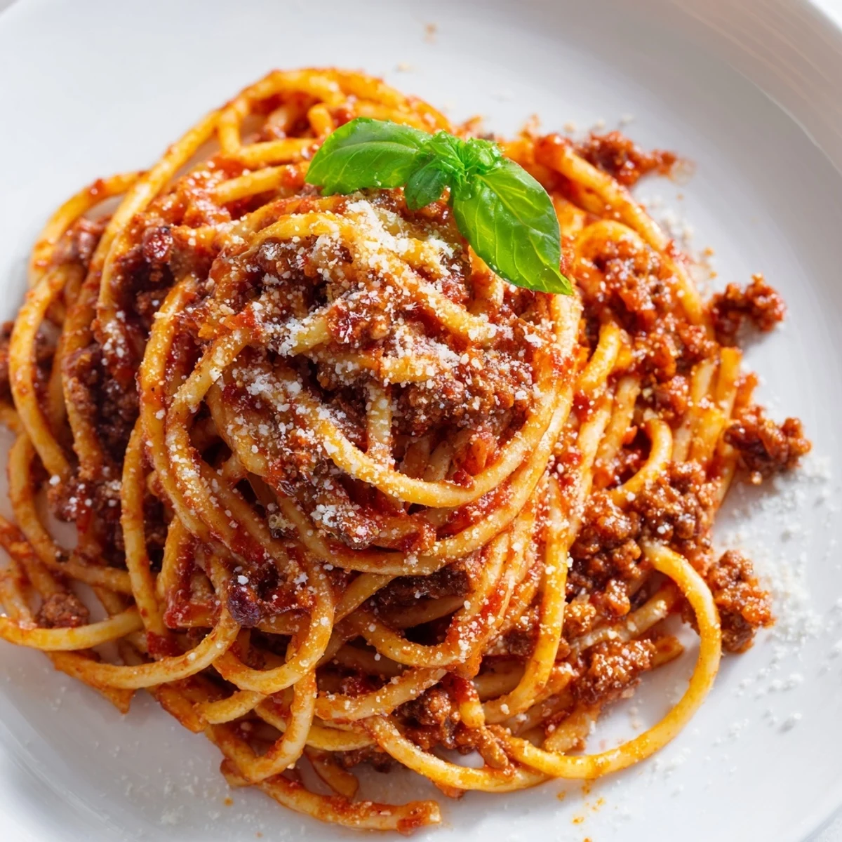 Steaming bowls of The Bear Spaghetti with rich red sauce and fresh basil garnish on a rustic wooden table.