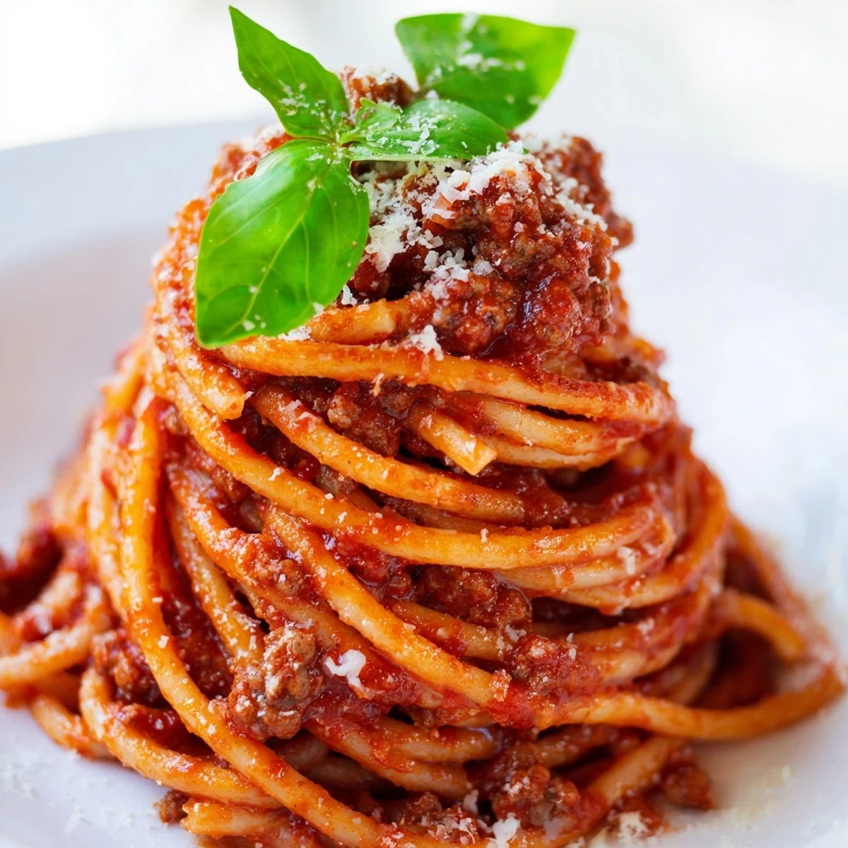 Family-style platter of The Bear Spaghetti paired with crusty bread and a glass of red wine for dinner.