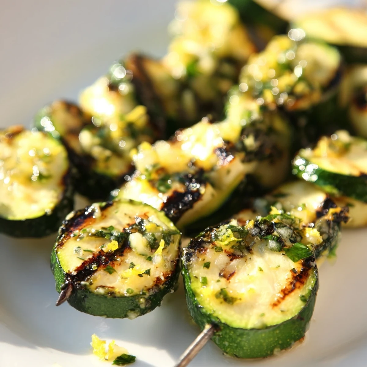 Freshly grilled Garlic Butter Zucchini Skewers showing tender green rounds brushed with melted butter and herbs.