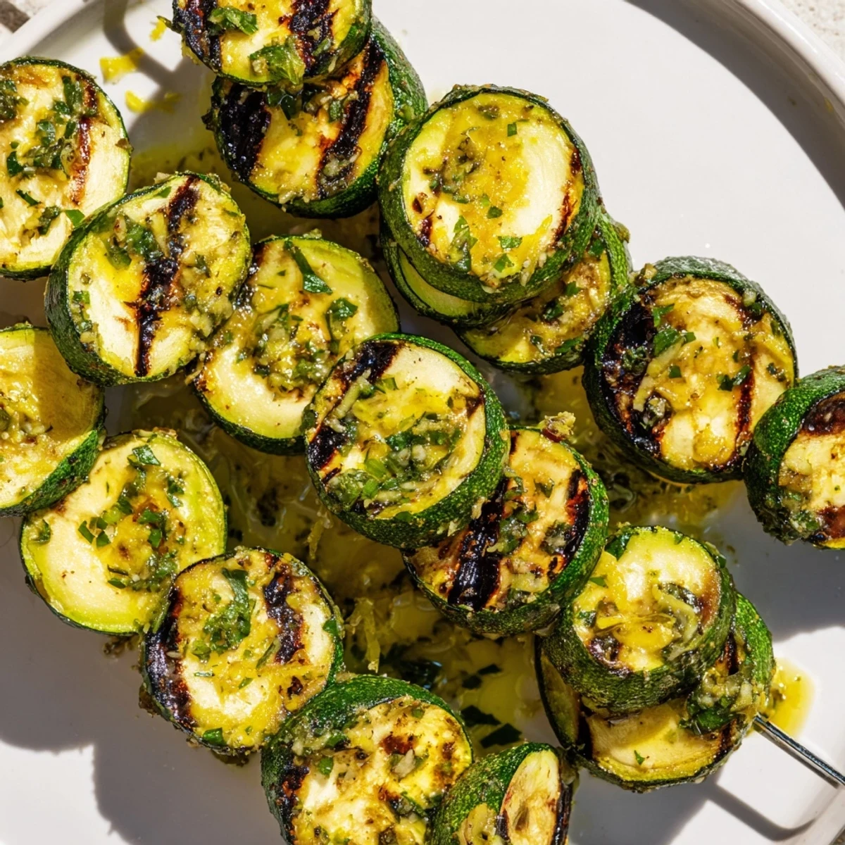A close-up of Garlic Butter Zucchini Skewers, lightly charred and served with lemon wedges on a plate.