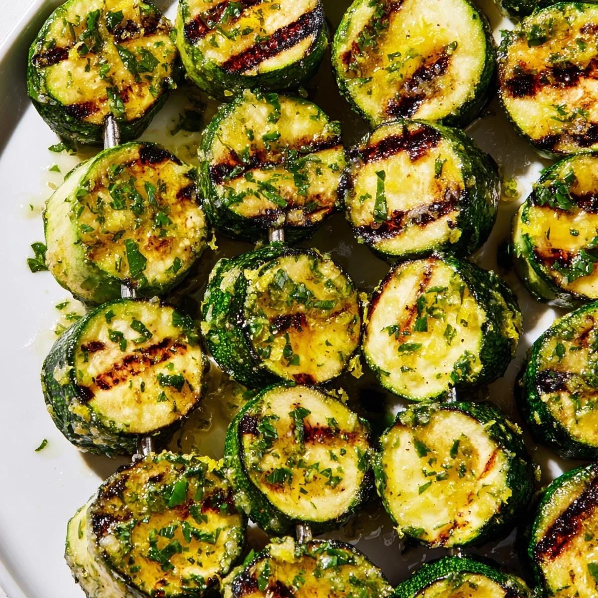 Garlic Butter Zucchini Skewers sizzling on a grill, brushed with garlic butter and garnished with fresh parsley.