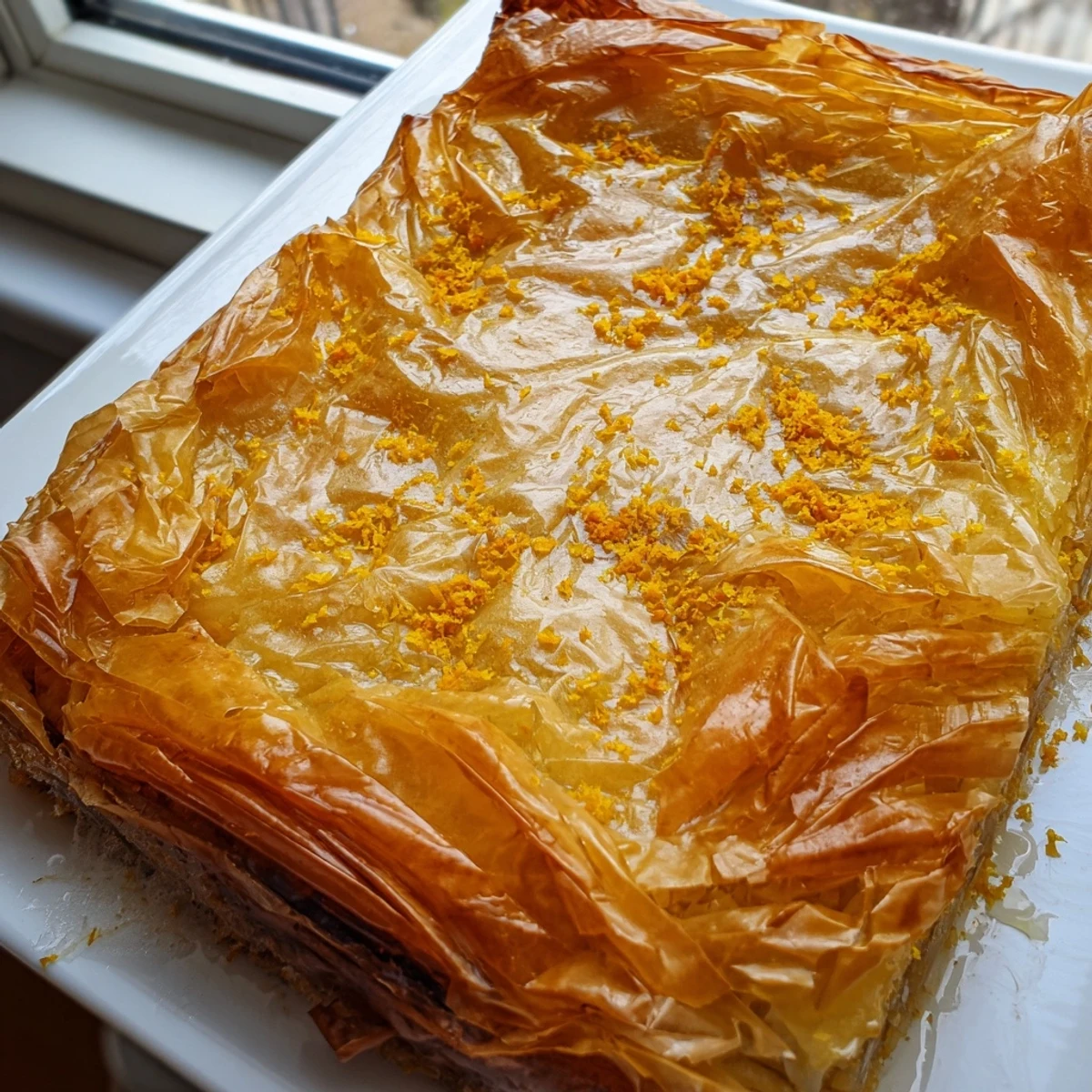 Golden baked Portokalopita dessert with crumpled phyllo layers, soaked in sweet orange syrup and dusted with powdered sugar.