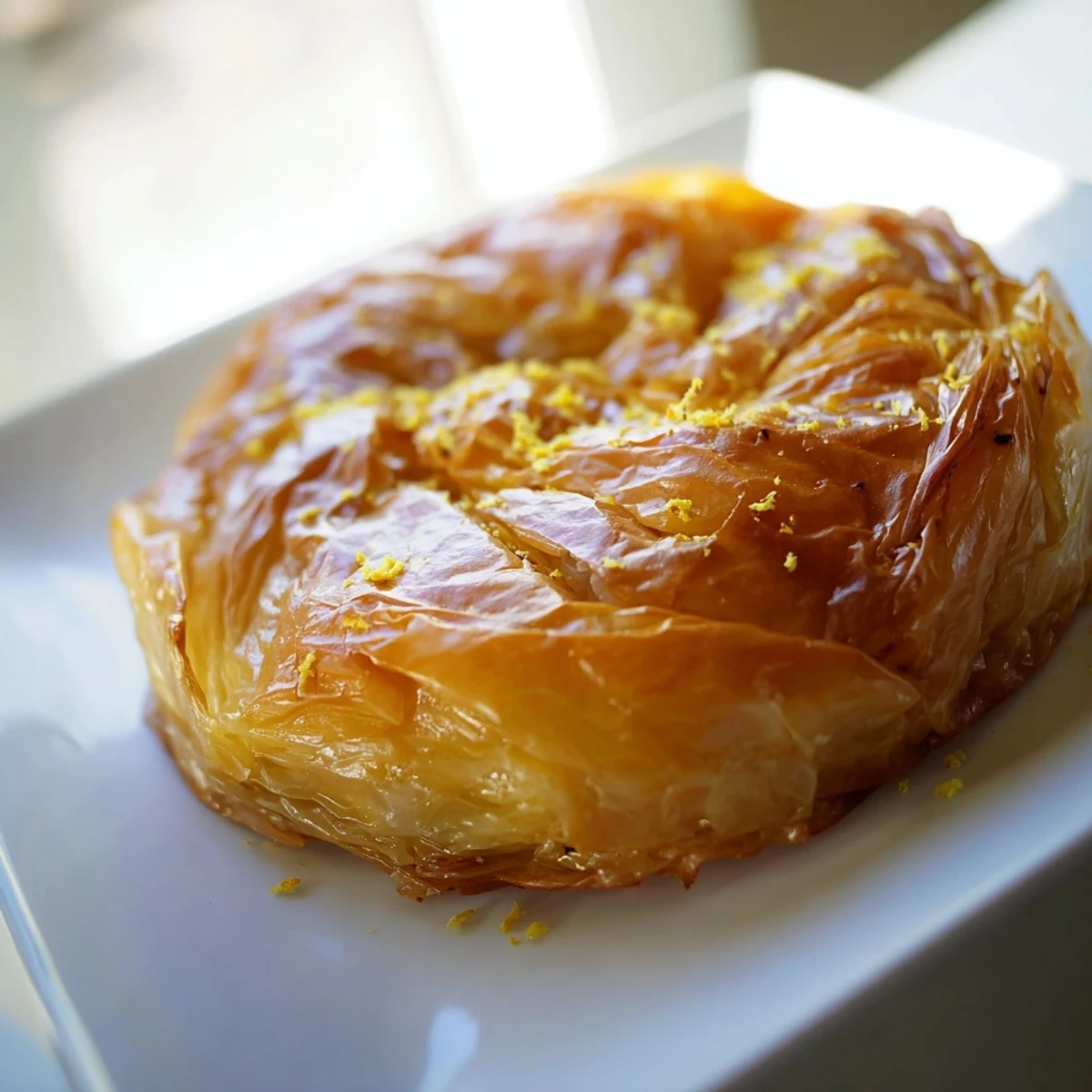 Portokalopita served on a rustic wooden board with a scoop of vanilla ice cream, showcasing syrup-soaked layers and fresh orange garnish.