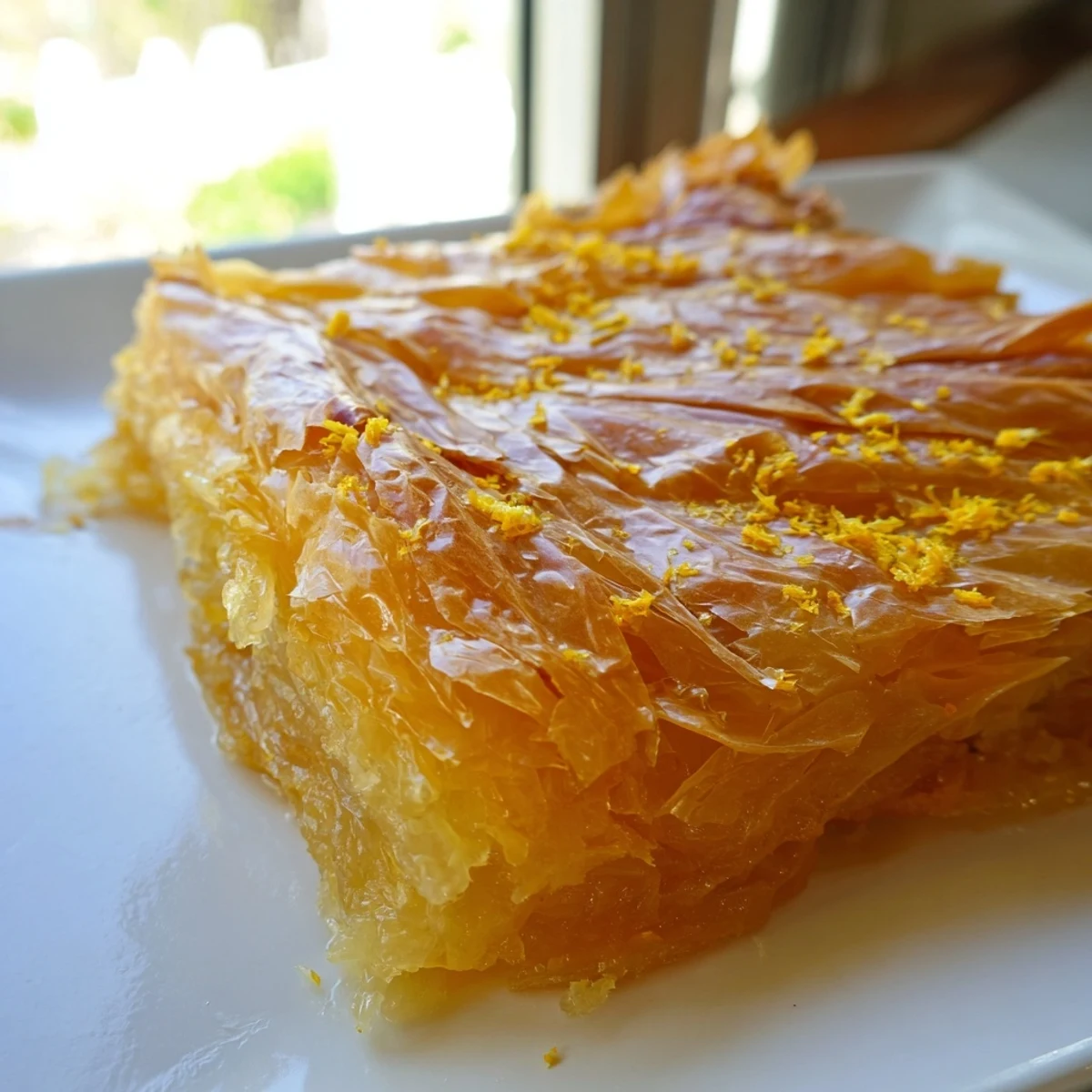A close-up slice of Portokalopita Greek cake reveals moist yogurt batter, crispy phyllo bits, and bright orange zest on a plate.