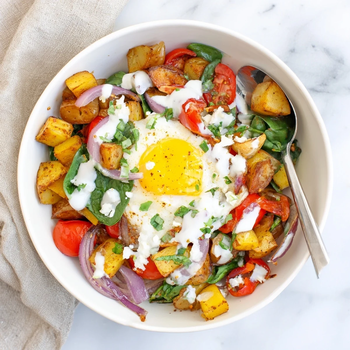 Hearty Savory Breakfast Bowl featuring golden potatoes, wilted spinach, and a runny yolk egg, drizzled with lemon chive yogurt sauce for extra zest.