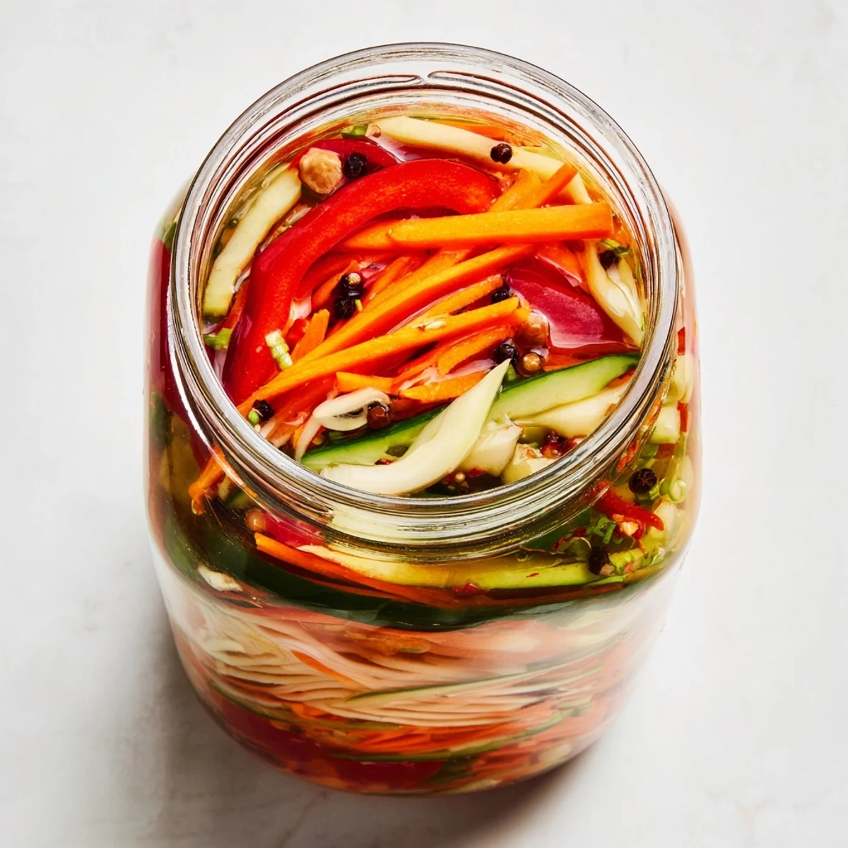 Bright, crunchy Vietnamese Vegetable Pickle Medley in a jar, with colorful daikon, carrots, and cucumbers marinating in tangy brine.