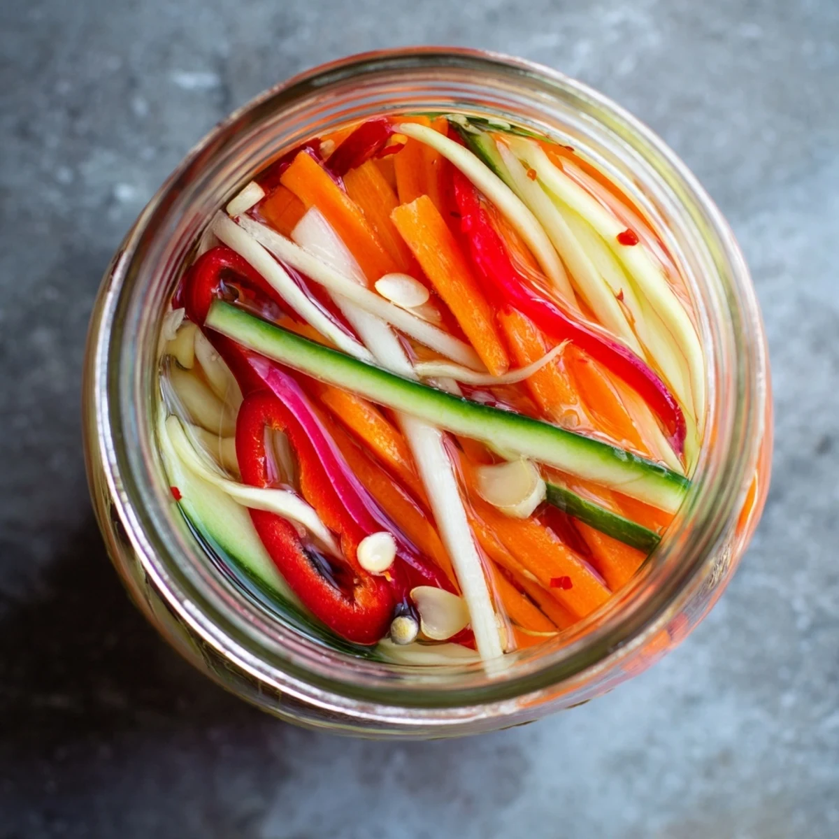 A refreshing bowl of Vietnamese Vegetable Pickle Medley served alongside grilled pork, adding a tangy, sweet crunch to the meal.