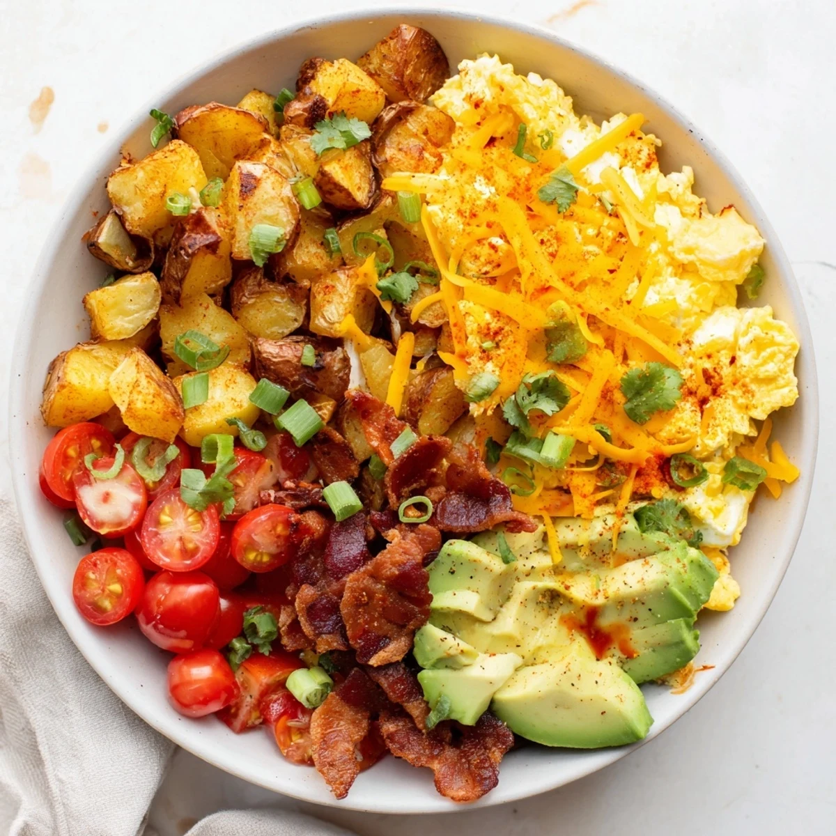 Colorful Loaded Breakfast Bowl with crispy roasted potatoes, fluffy scrambled eggs, crumbled bacon, and melted cheddar cheese. Topped with diced avocado, halved cherry tomatoes, and fresh green onions for a hearty morning meal.