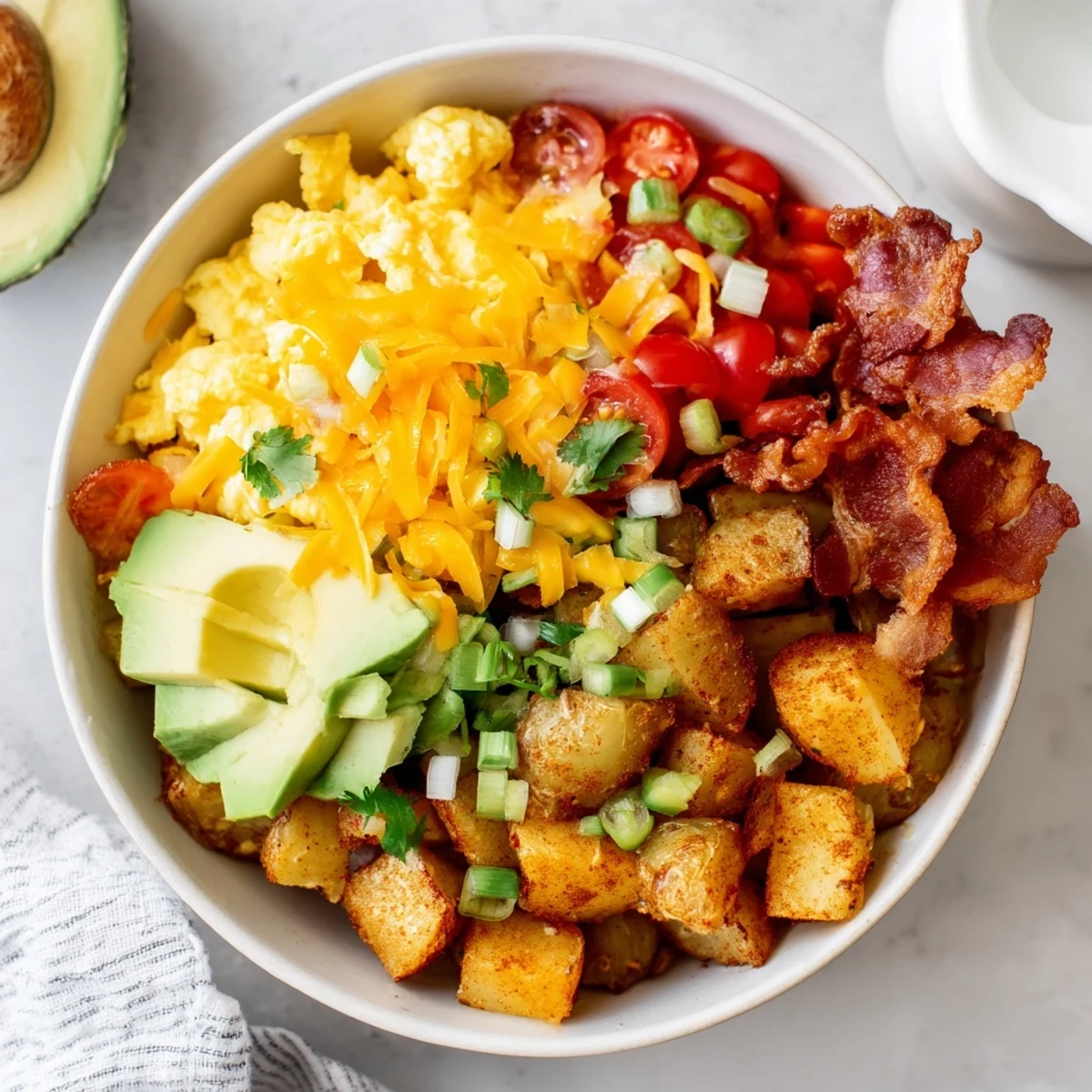 Close-up of a Loaded Breakfast Bowl featuring golden-brown potatoes, savory bacon pieces, and perfectly cooked eggs, all garnished with cilantro and a drizzle of hot sauce. A perfect high-protein American breakfast dish ready to serve.