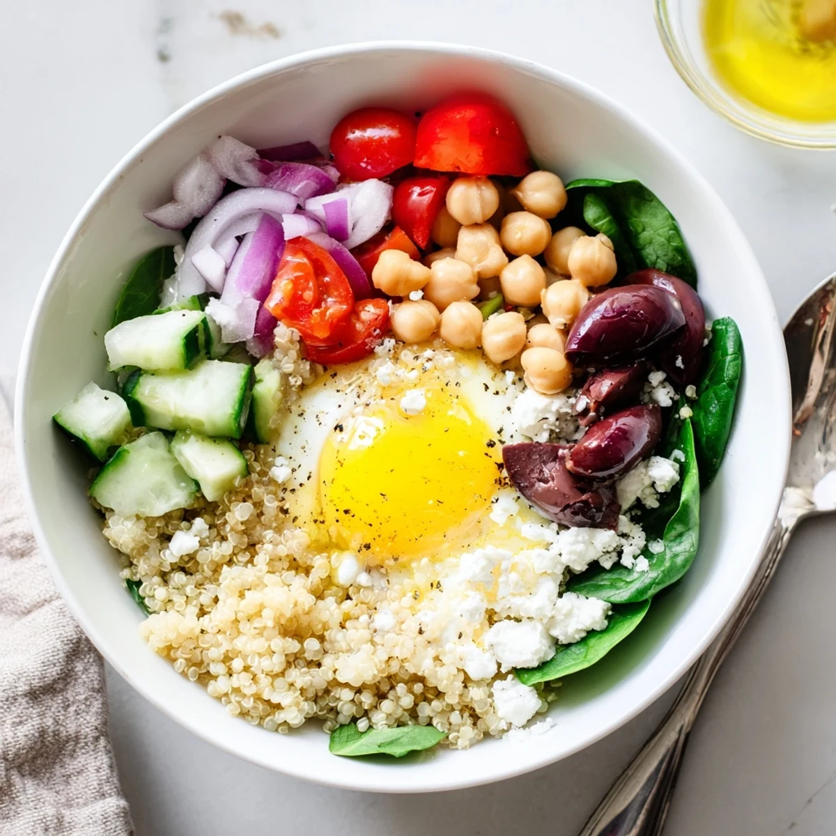 Vibrant Mediterranean Breakfast Bowls with fluffy quinoa, fresh veggies, and a runny-yolk egg on top.