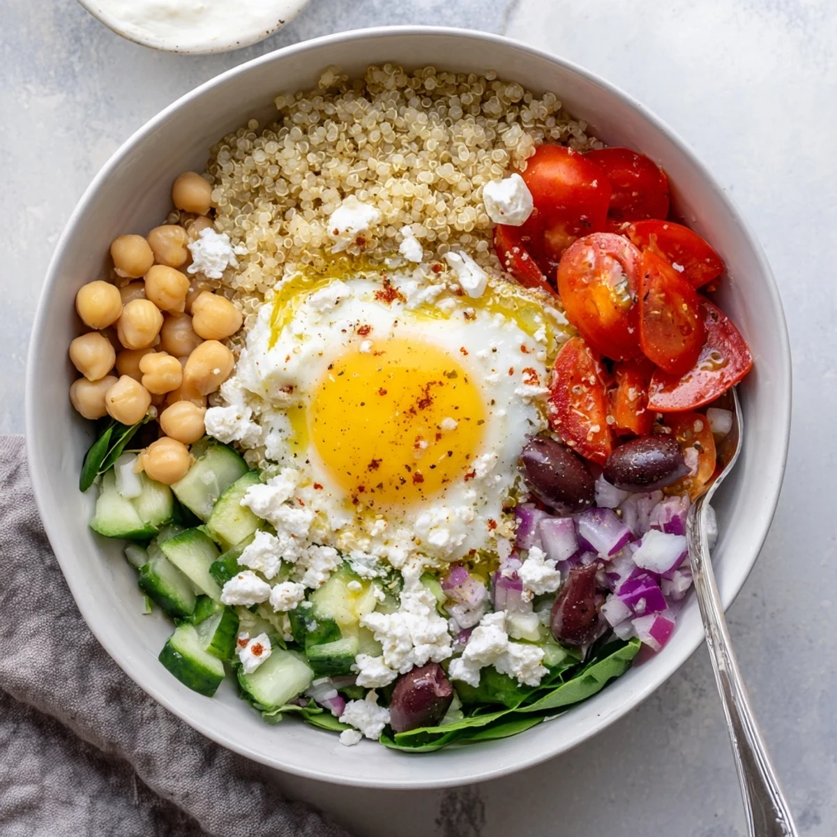 Hearty Mediterranean Breakfast Bowls served warm with chickpeas, spinach, and zesty lemon-oregano dressing.