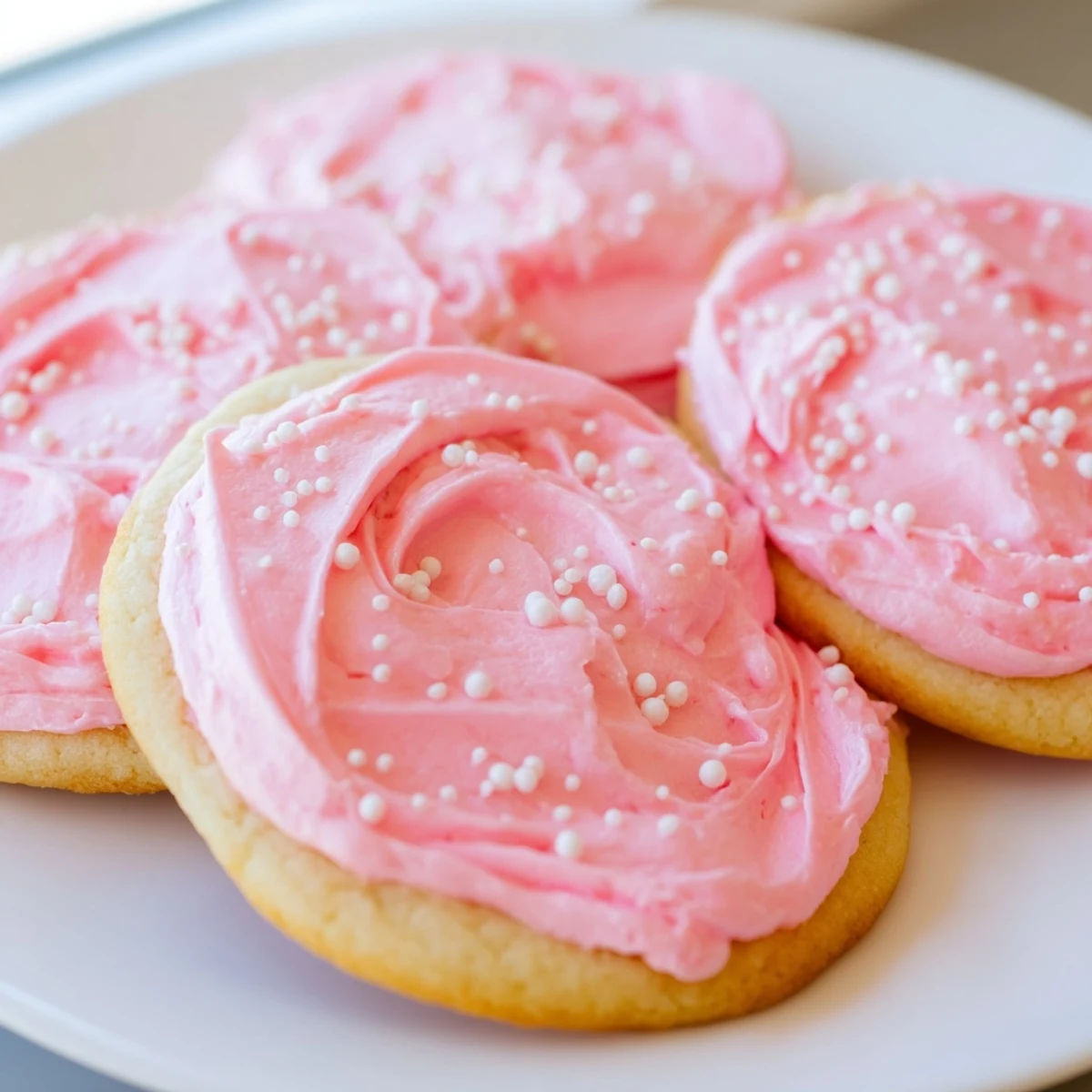 A close-up of a Crumbl Sugar Cookie with thick, soft texture and creamy pink almond frosting.