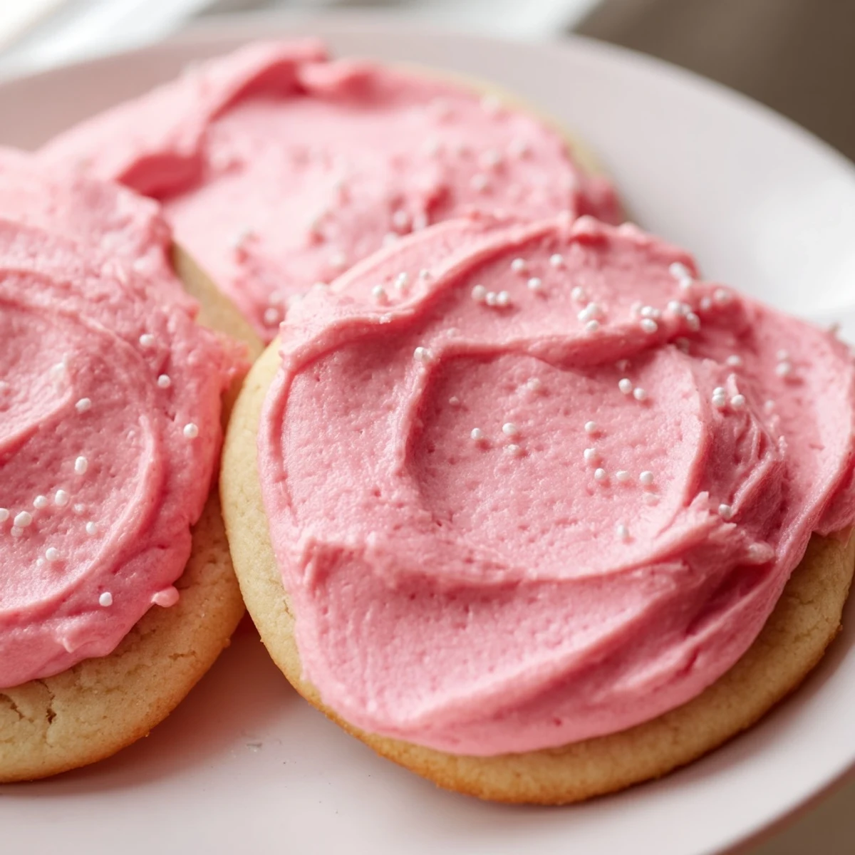 A large Crumbl Sugar Cookie being lifted, revealing a soft interior and a generous layer of pink frosting.