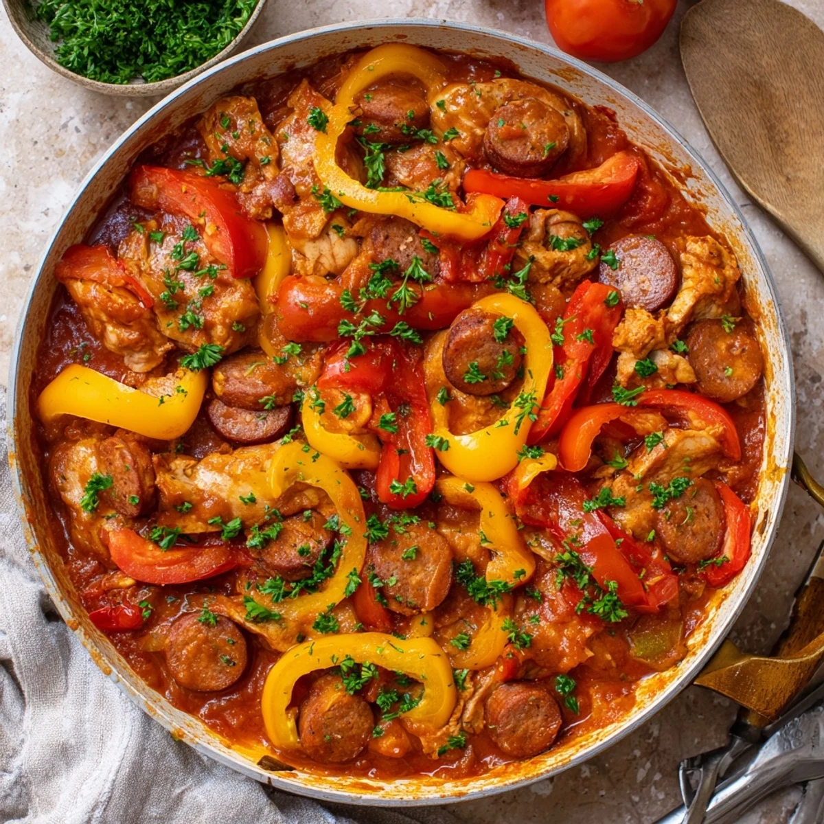 Steaming Capsicum, Tomato, and Chicken with Chorizo fills the skillet, perfect for a weeknight family dinner.