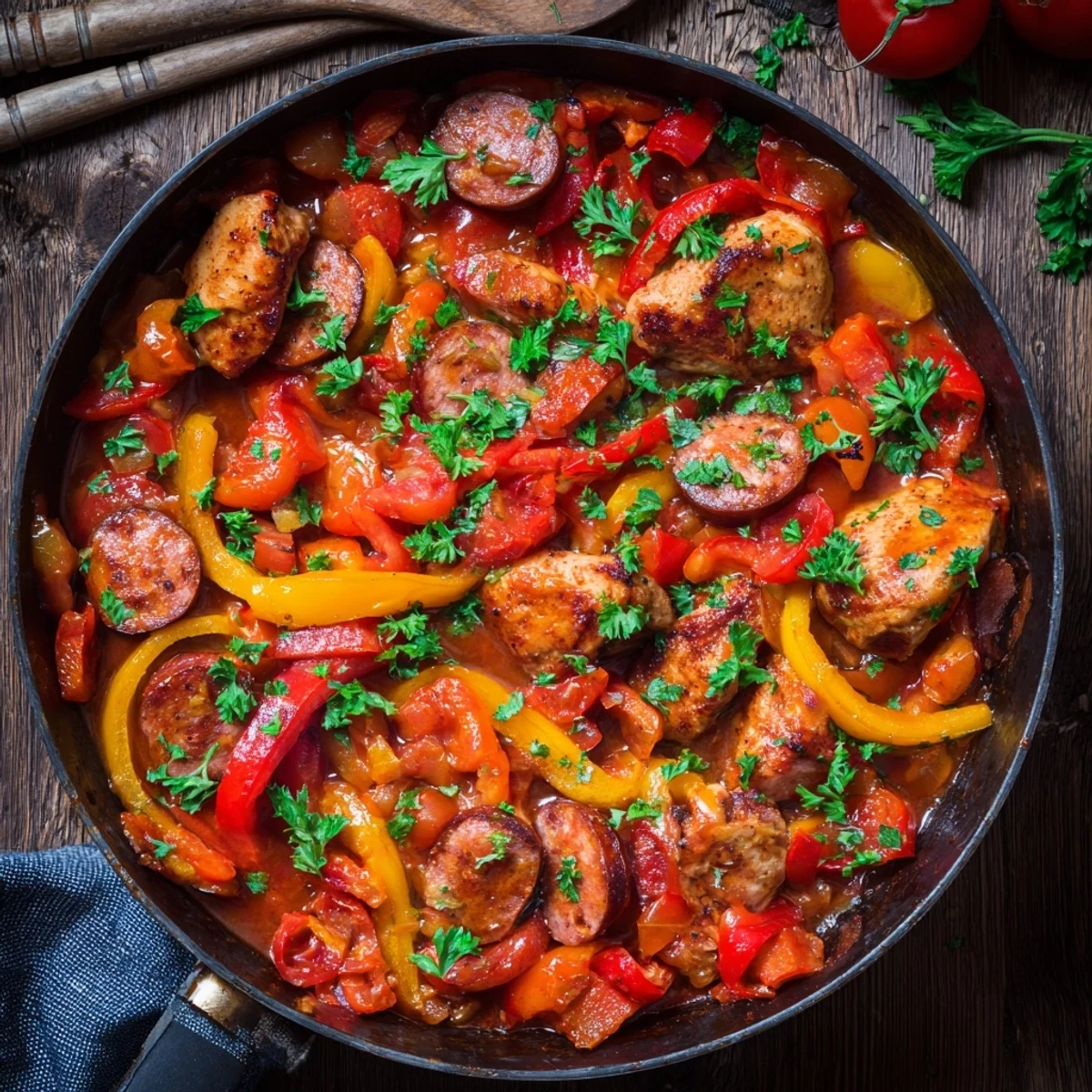 A close view of Capsicum, Tomato, and Chicken with Chorizo beside roasted potatoes and crusty bread.