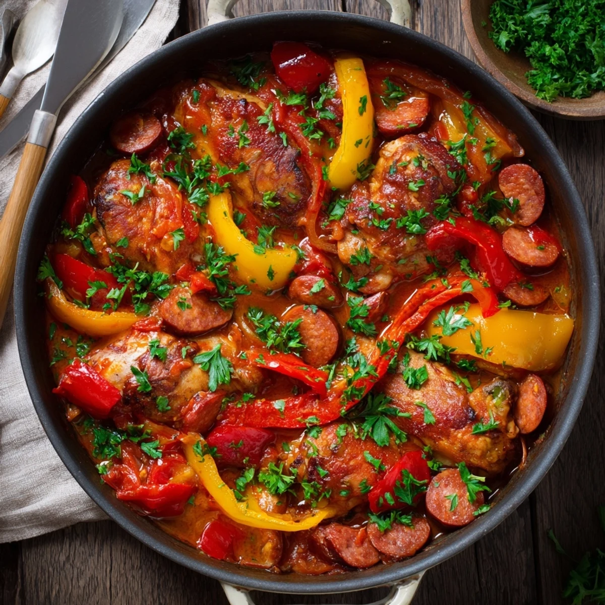 Vibrant Capsicum, Tomato, and Chicken with Chorizo garnished with fresh parsley, served in a warm rustic bowl.