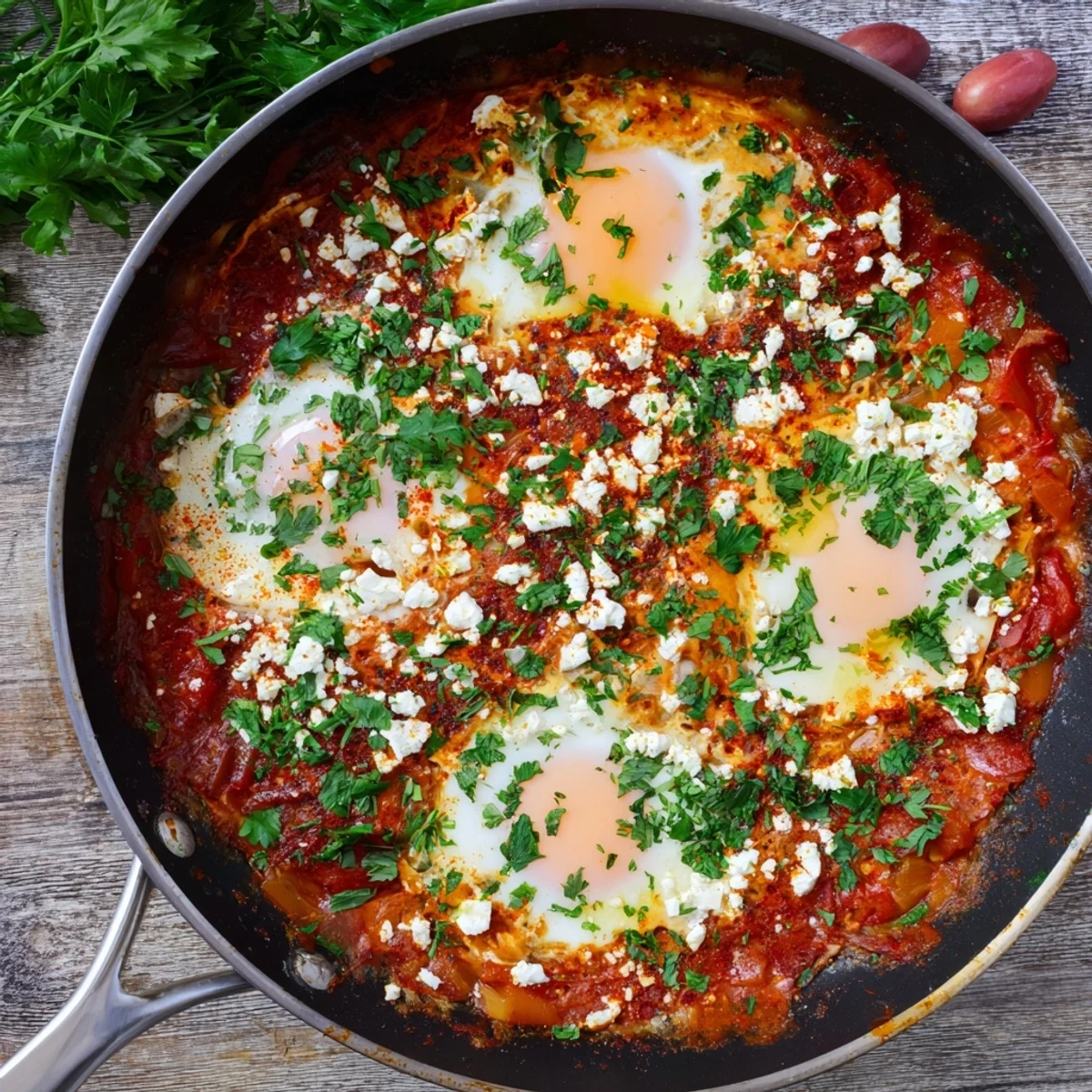 A large skillet of Quick Shakshuka eggs simmering in a rich red sauce, with runny yolks ready for dipping crusty bread.