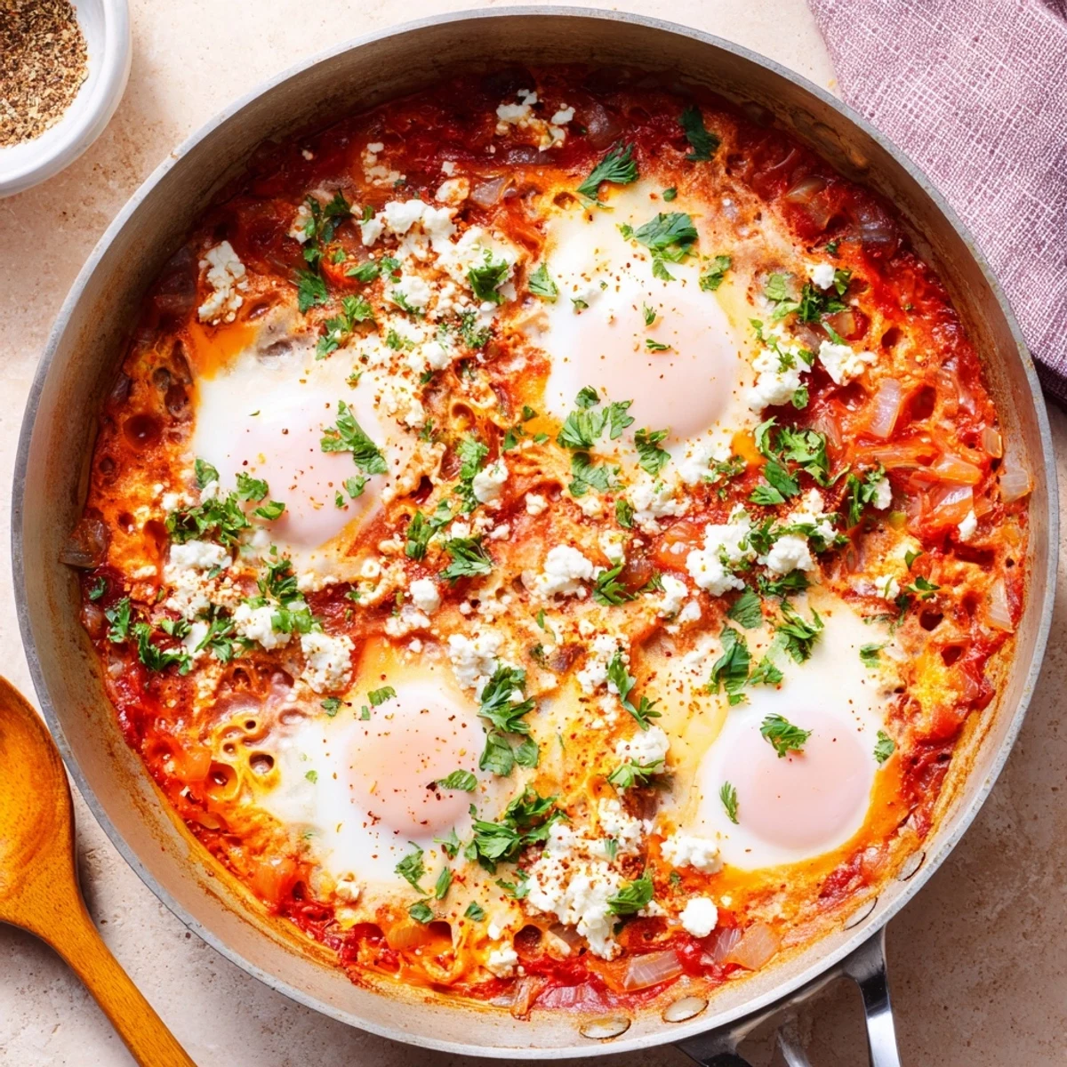 A close-up of Quick Shakshuka eggs in a spicy tomato sauce, garnished with fresh parsley and crumbled feta.