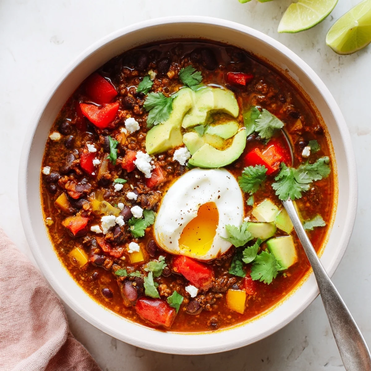 Mexican Braised Beans With Soft Boiled Egg served in a rustic skillet with lime wedges and cilantro.