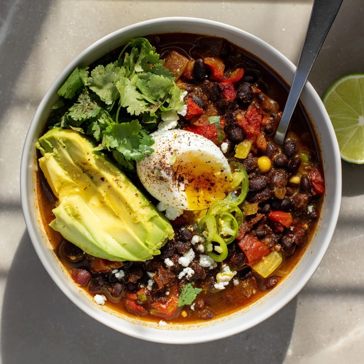 Bowl of Mexican Braised Beans With Soft Boiled Egg, creamy avocado slices and crumbled queso fresco garnish.