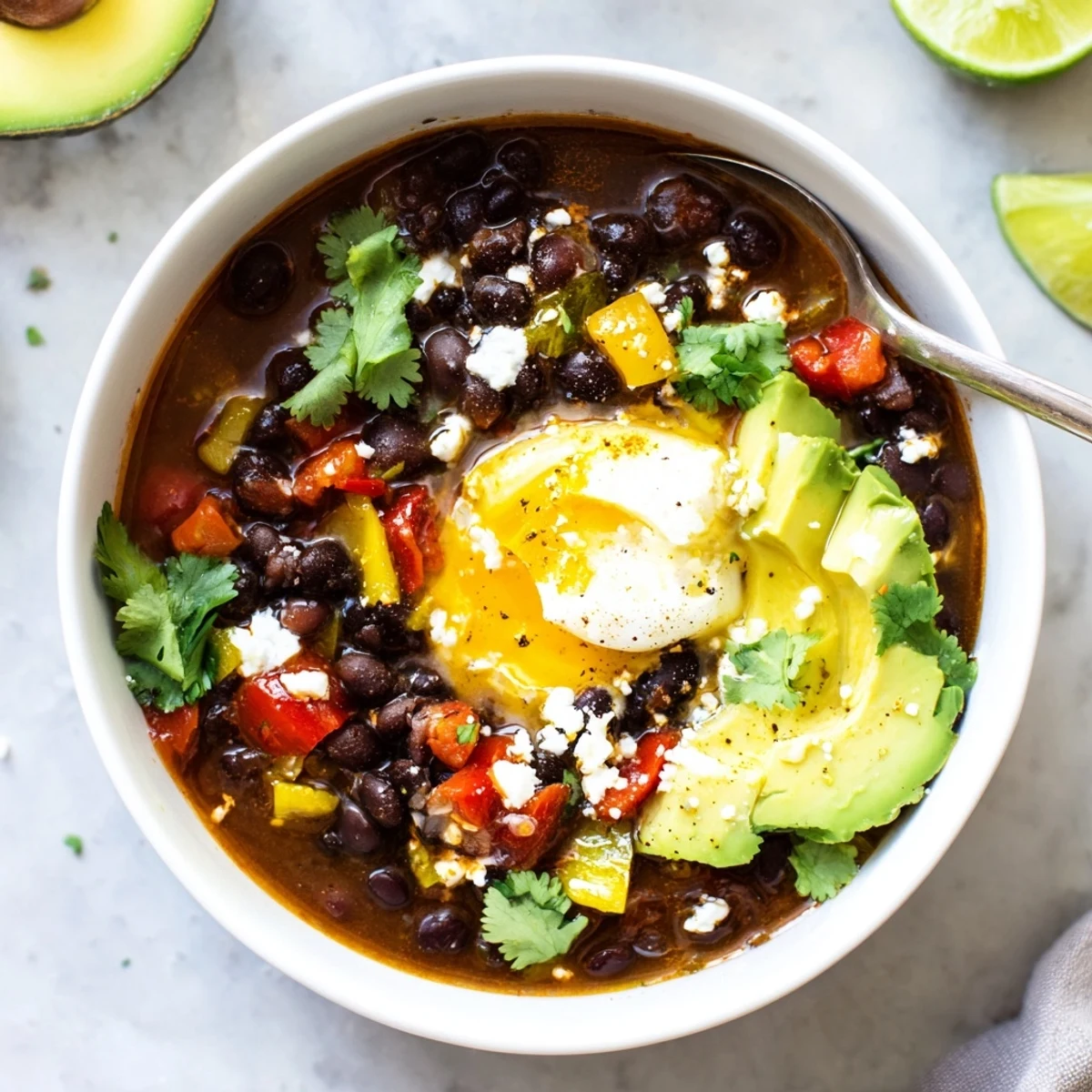 Close-up of Mexican Braised Beans With Soft Boiled Egg, rich sauce and tender beans next to fresh garnish.