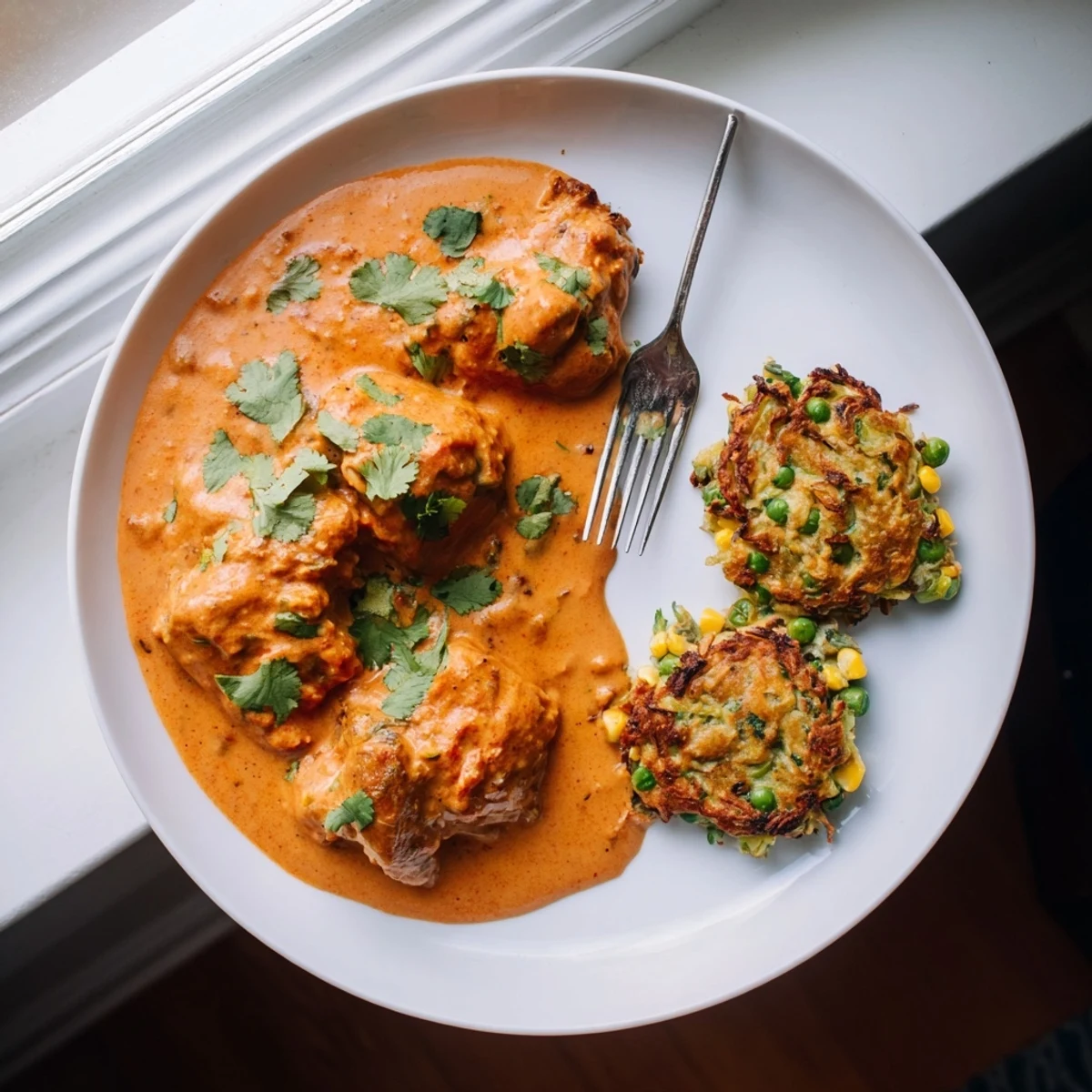 Tender marinated chicken in rich gravy alongside mixed veggie fritters, perfect for a cozy dinner plate.