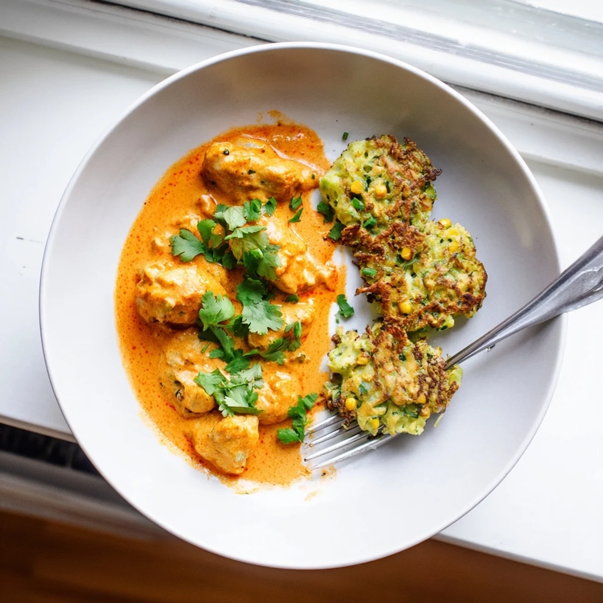 Buttery, spiced chicken in a creamy tomato sauce paired with golden, crispy vegetable fritters ready to serve.