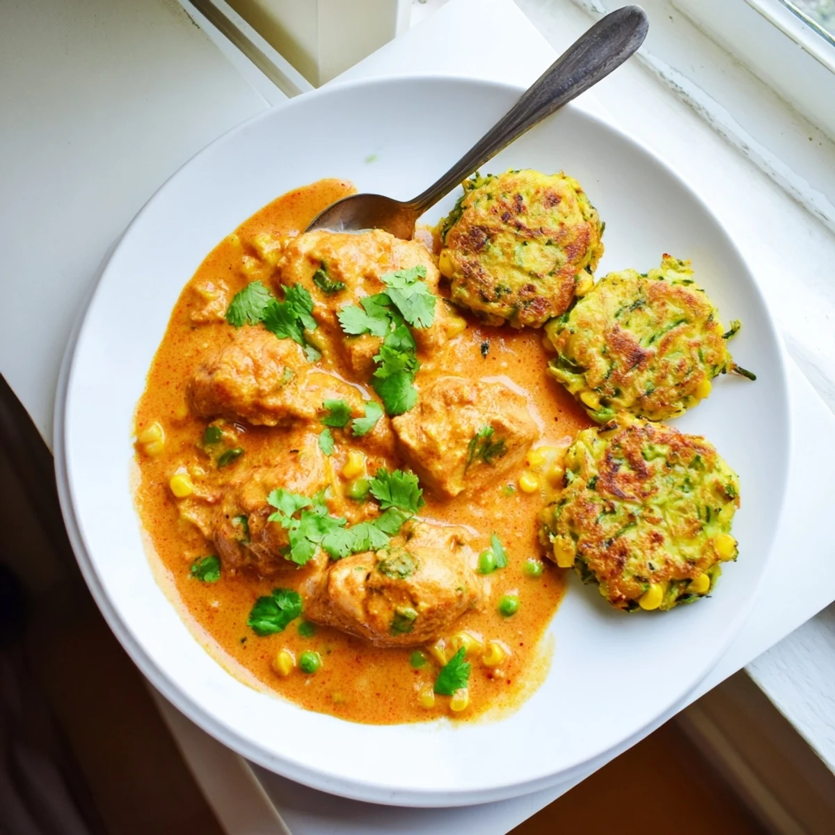 Golden zucchini and carrot fritters beside creamy butter chicken, garnished with fresh cilantro on a plate.