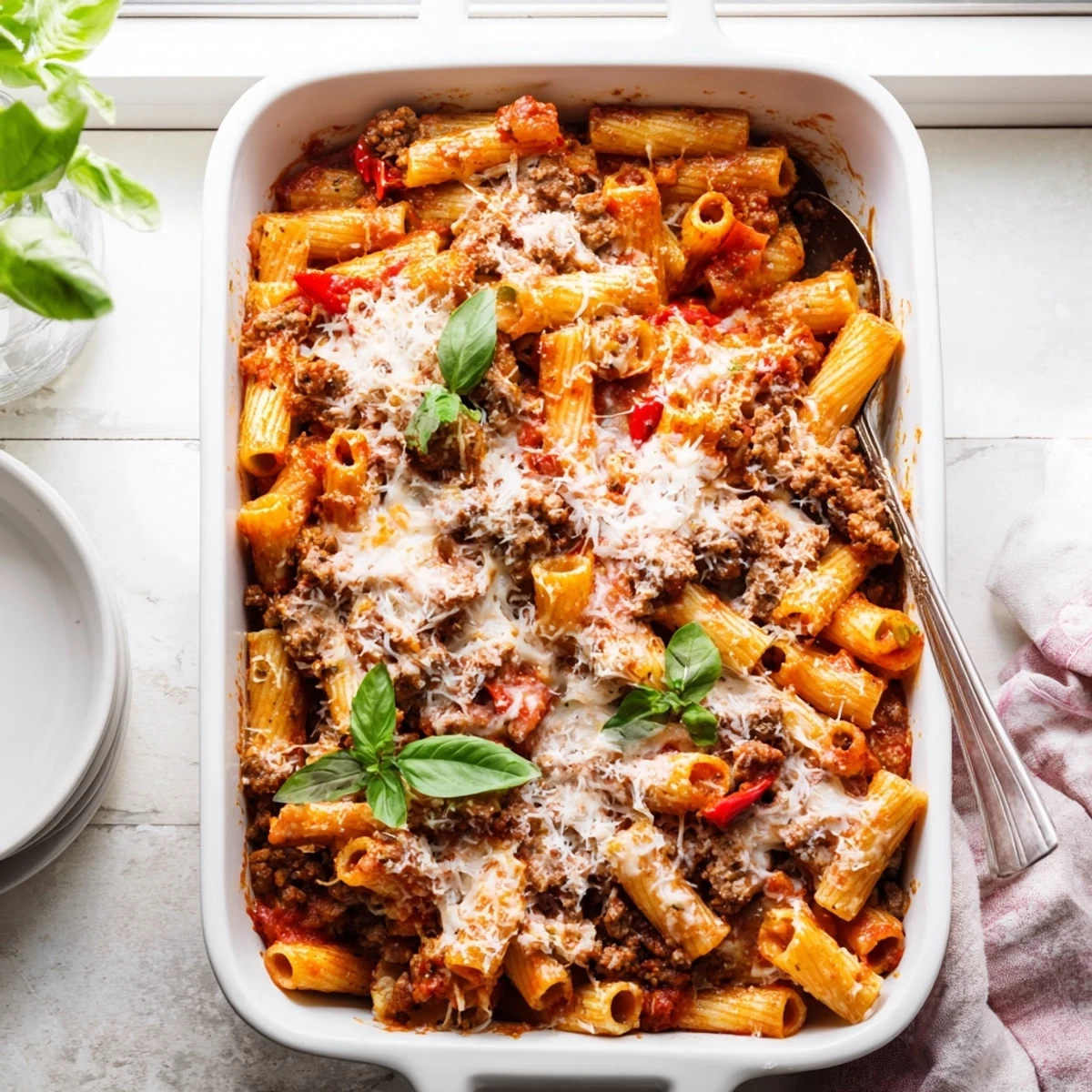 A close-up of the golden, bubbly Quick Sausage Pasta Bake fresh from the oven, topped with fresh basil.