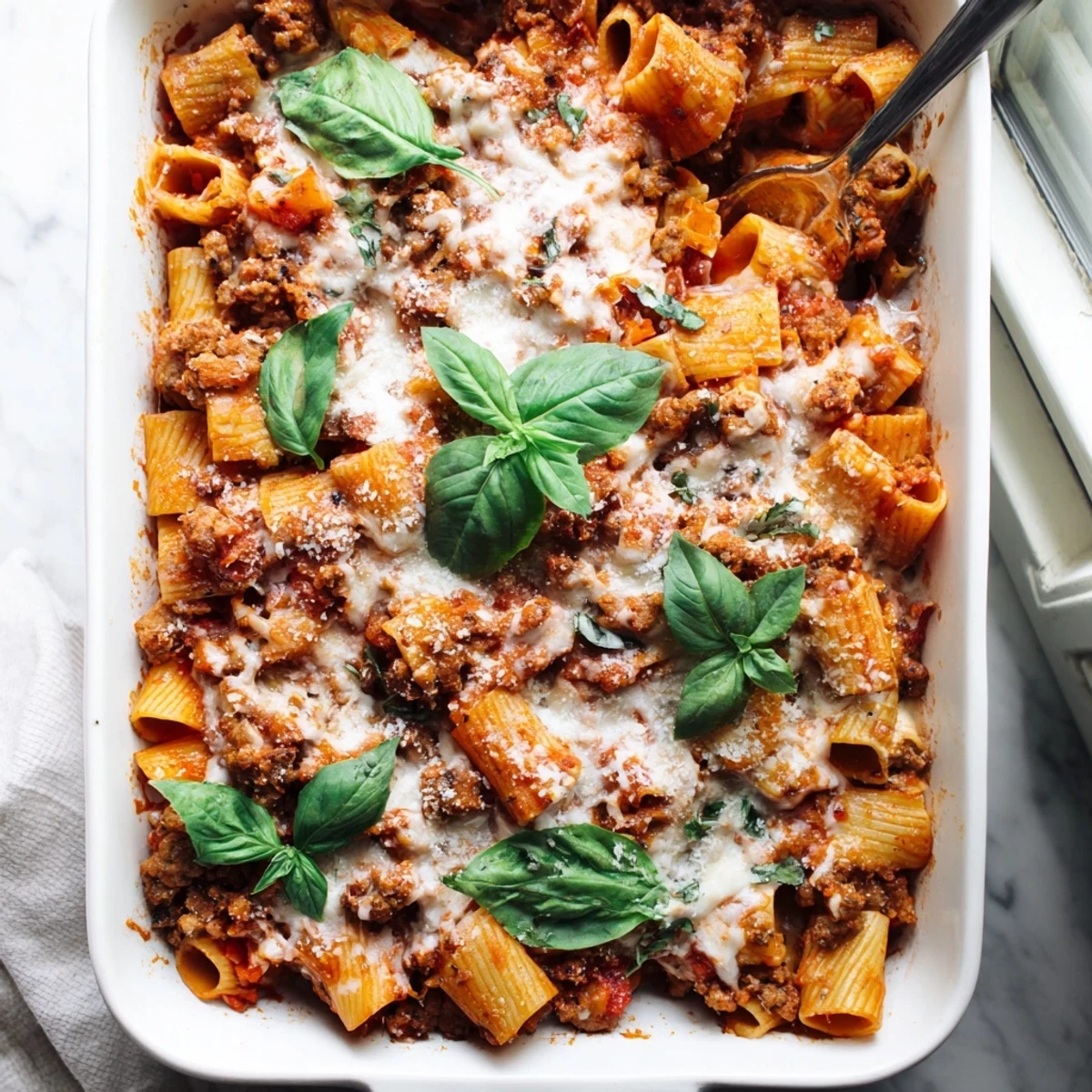 This image shows a hearty slice of Quick Sausage Pasta Bake with rich tomato sauce and melted cheese.