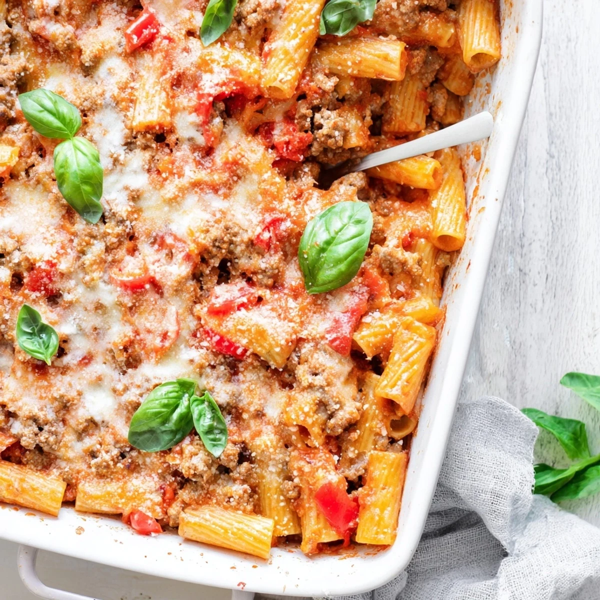 Serving suggestion for Quick Sausage Pasta Bake paired with a crisp green salad on a rustic wooden table.