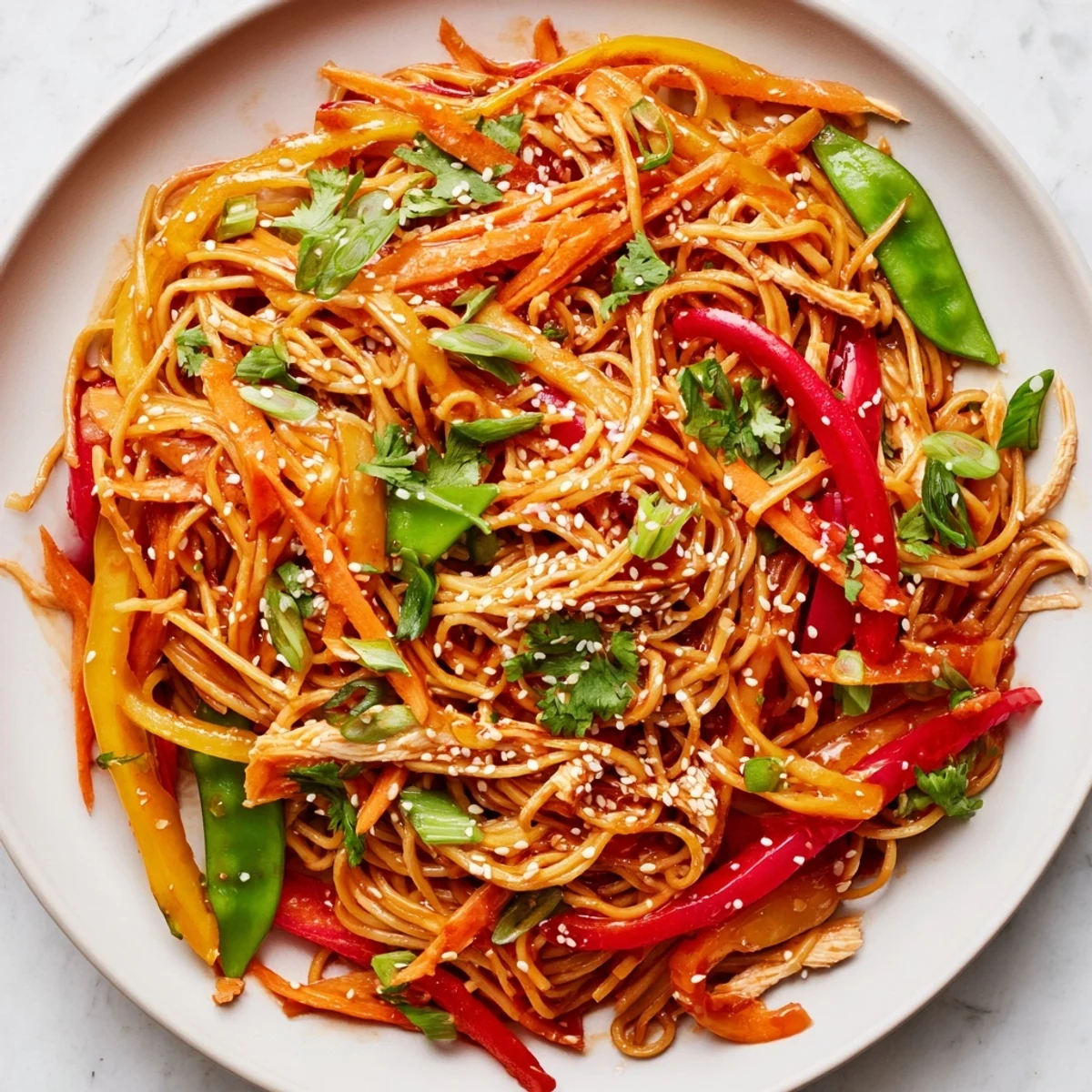 Sliced tender turkey, crisp bell peppers, and noodles coated in tangy sweet chilli sauce in this Sweet Chilli Turkey Noodle Stir Fry.