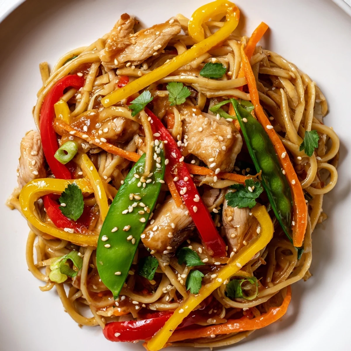 A close-up of vibrant Sweet Chilli Turkey Noodle Stir Fry with julienned carrots, snap peas, and sesame seeds on top.