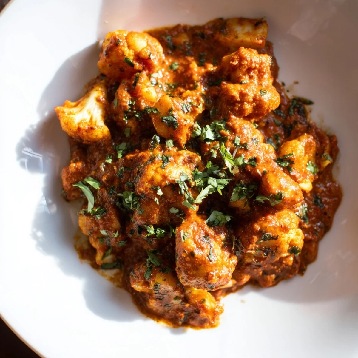 A close-up of Indian Butter Spiced Potatoes and Cauliflower in a creamy tomato sauce, topped with fresh cilantro.