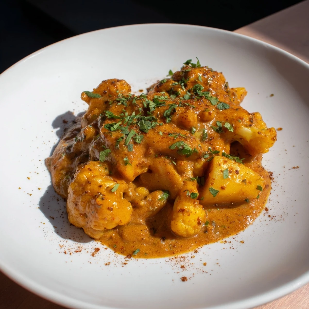 Indian Butter Spiced Potatoes and Cauliflower simmering in a rich, golden sauce, ready to serve with basmati rice.