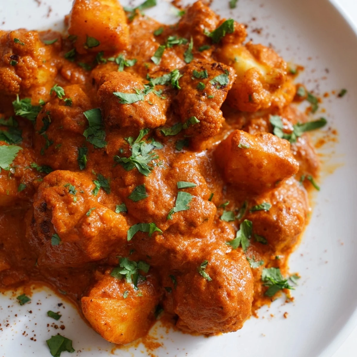 Spoon serving Indian Butter Spiced Potatoes and Cauliflower over fluffy rice, with naan bread on the side for dipping.