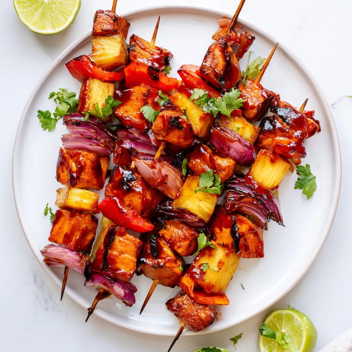 Juicy Chicken and Pineapple BBQ Skewers served over white rice with lime wedges on the side.