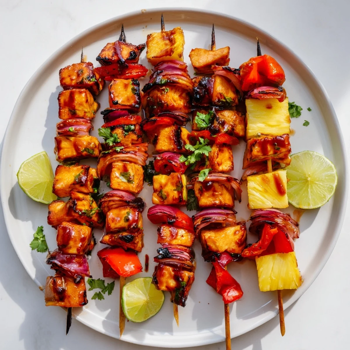 Close-up of Chicken and Pineapple BBQ Skewers glistening with BBQ sauce and bright pineapple chunks.