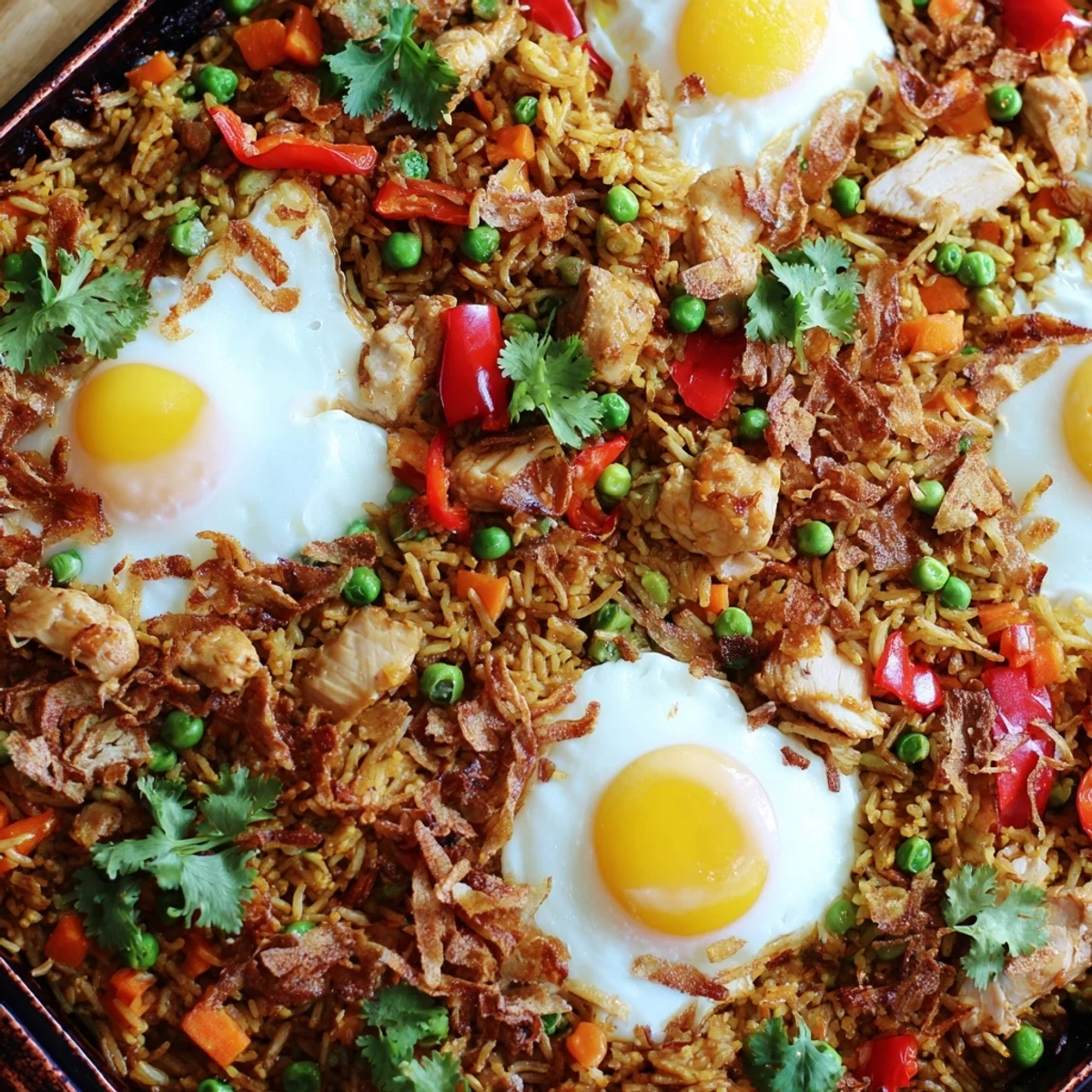 Golden-brown Nasi Goreng Tray Bake with fluffy rice, tender chicken, and vibrant vegetables topped with a perfectly baked egg.