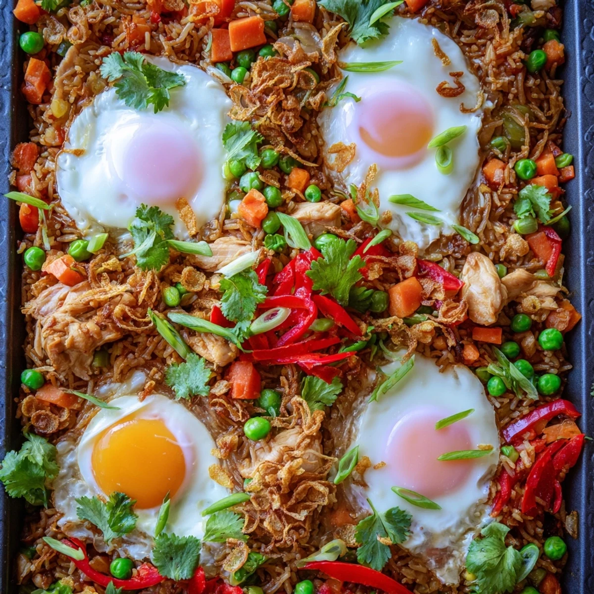 Close-up of Nasi Goreng Tray Bake revealing succulent chicken pieces, red bell peppers, and peas mixed into seasoned rice.