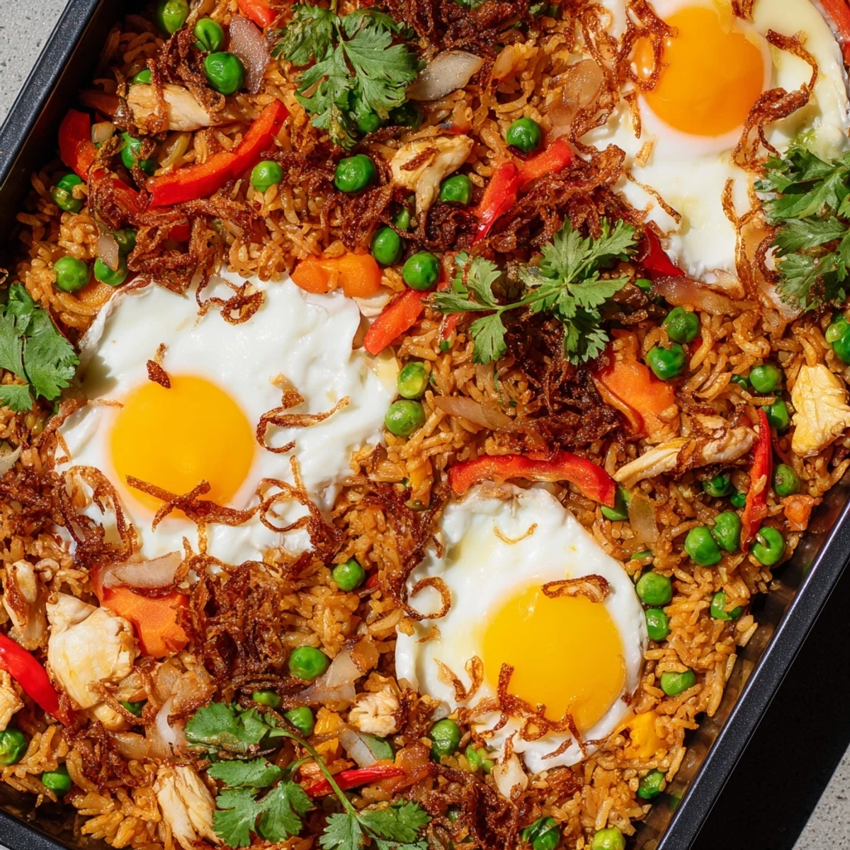 Fragrant Indonesian Nasi Goreng Tray Bake served from a baking tray, garnished with crispy shallots and fresh lime wedges.