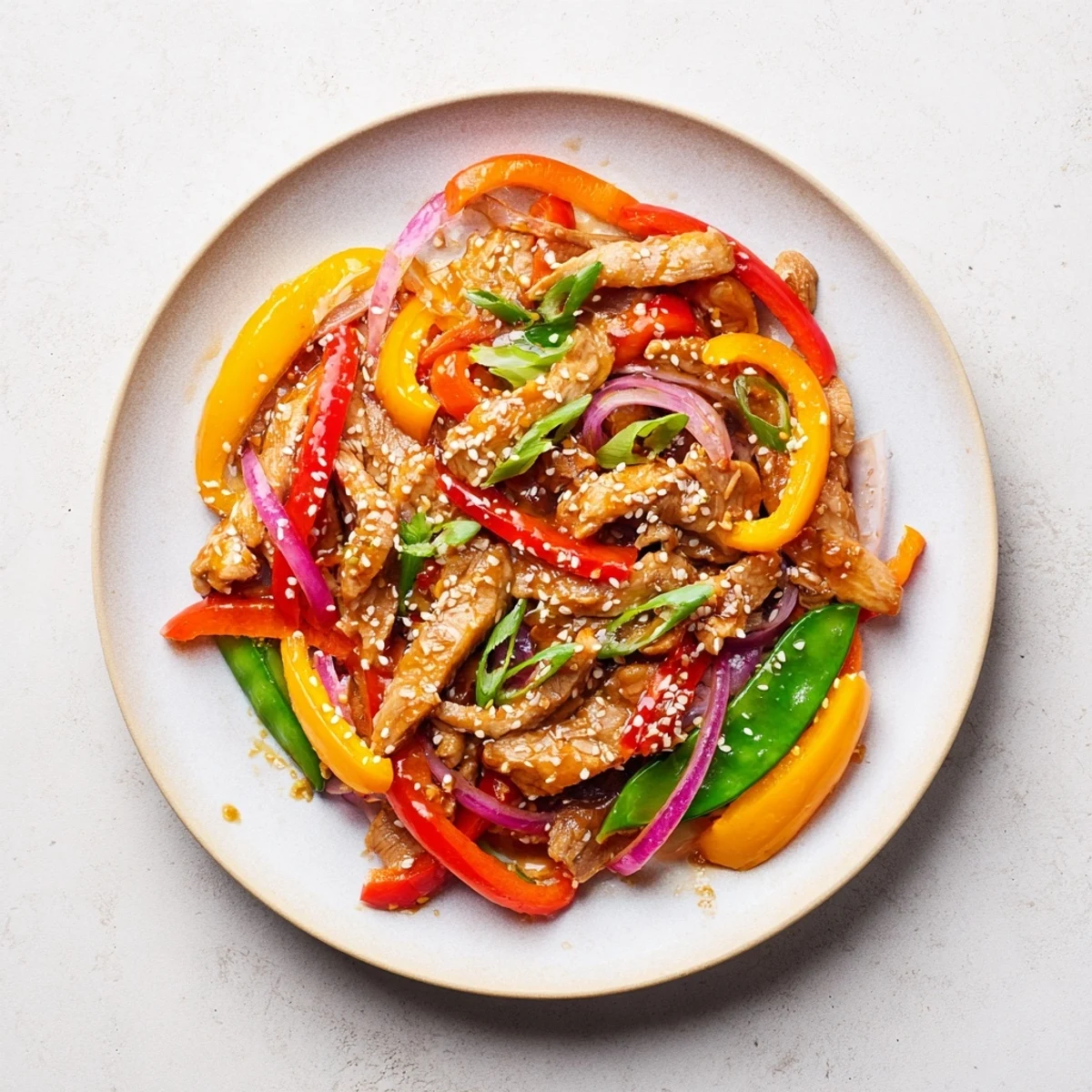 Quick Sweet Chilli Chicken Stir Fry served over steamed jasmine rice, garnished with sesame seeds and fresh green onions.