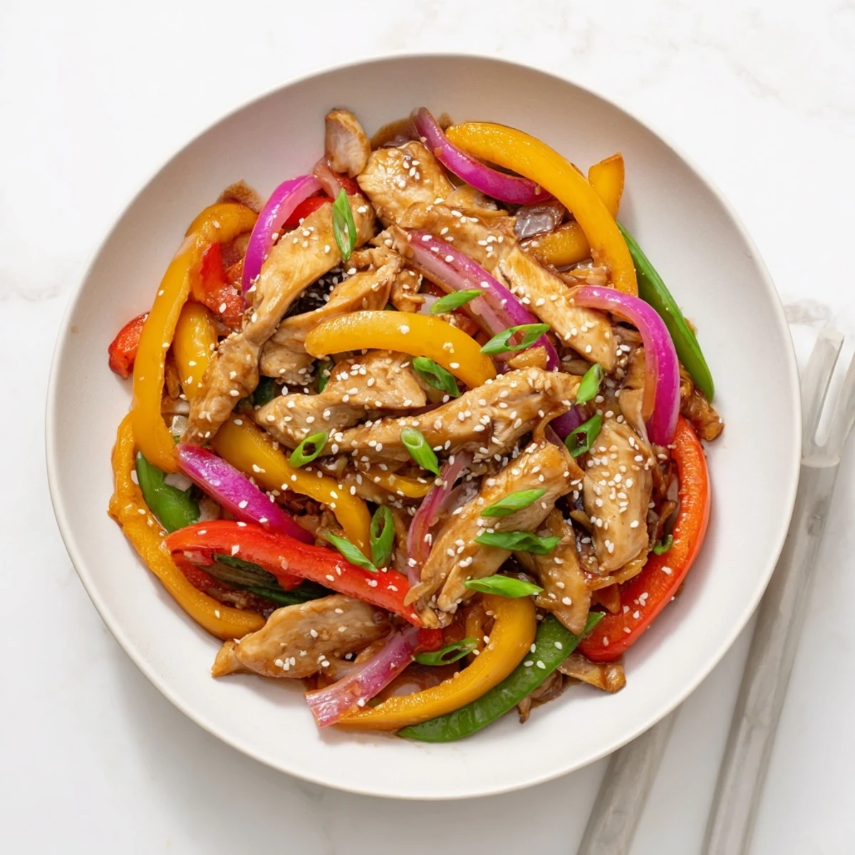 A close-up of Quick Sweet Chilli Chicken Stir Fry with tender chicken pieces and crisp bell peppers coated in glossy sauce.
