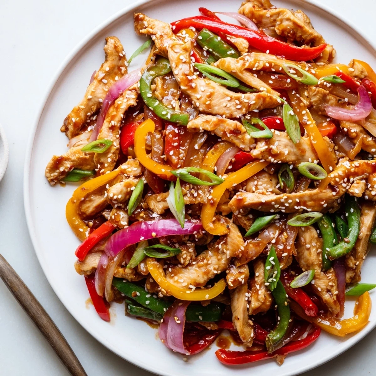 Vibrant Quick Sweet Chilli Chicken Stir Fry in a wok, showcasing colorful vegetables like red onion, sugar snap peas, and peppers.