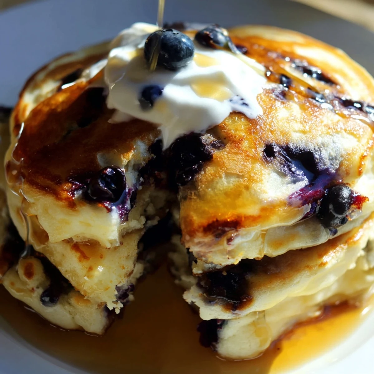 Fluffy homemade Greek yogurt blueberry pancakes topped with extra yogurt and blueberry garnish on a rustic wooden breakfast table