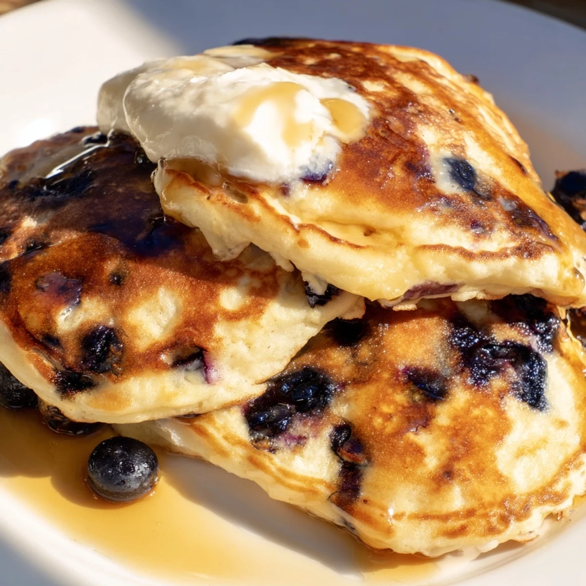 Stack of golden Greek yogurt blueberry pancakes drizzled with maple syrup and fresh berries on a white plate