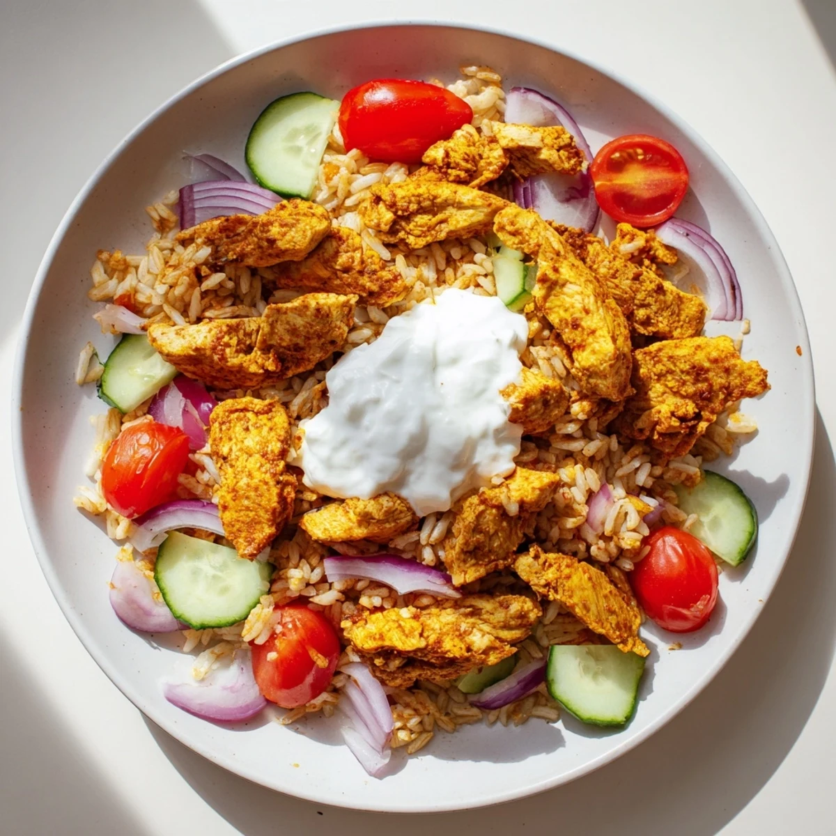 Golden brown spiced chicken atop crispy rice bed with fresh cucumber, tomatoes, and tangy yogurt drizzle in a chicken shawarma crispy rice salad