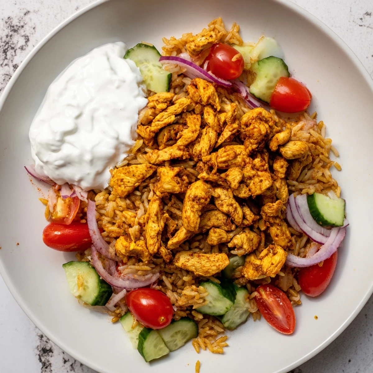 Colorful bowl featuring juicy chicken shawarma pieces mixed with crunchy fried rice and vibrant vegetables dressed in creamy Greek yogurt