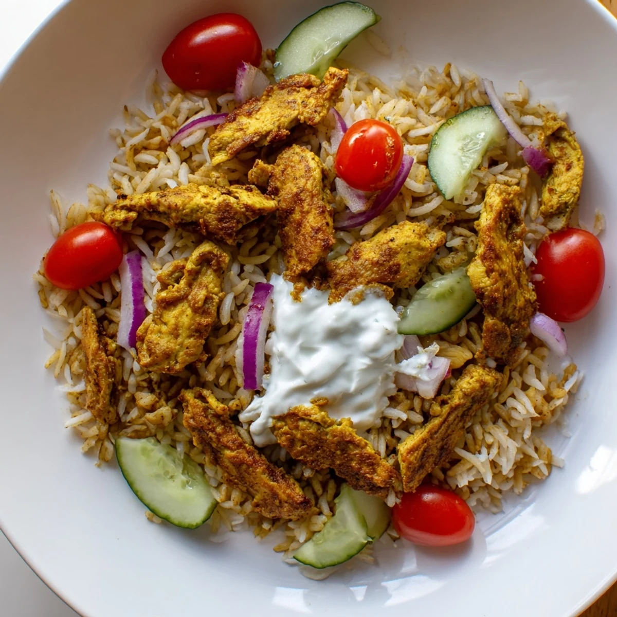 Middle Eastern-inspired chicken shawarma crispy rice salad displaying perfectly crisped basmati, marinated chicken strips, and cherry tomatoes with white yogurt sauce